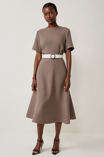 Grey A Line Short Sleeve Work Dress with Belt